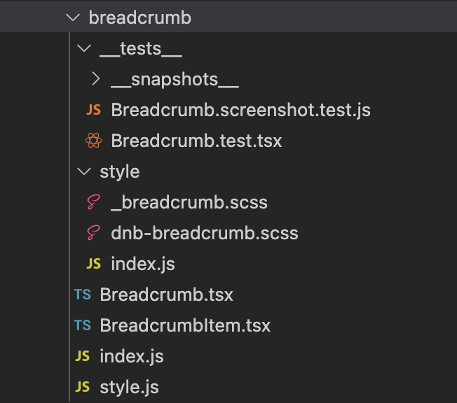 Folder structure with tests, style, typescript files and index files